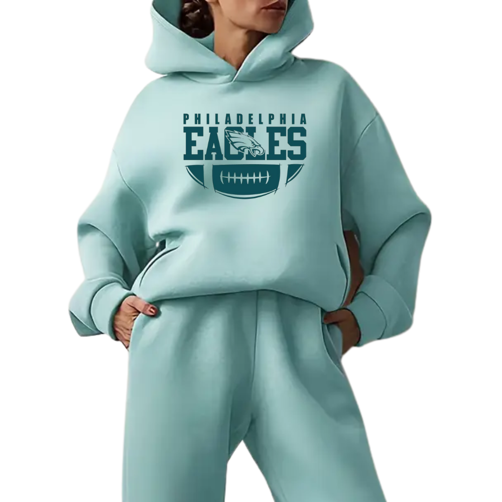 Low shoulder long sleeve hoodie and elastic waist jogging pants suit, women's wear - fitnfan