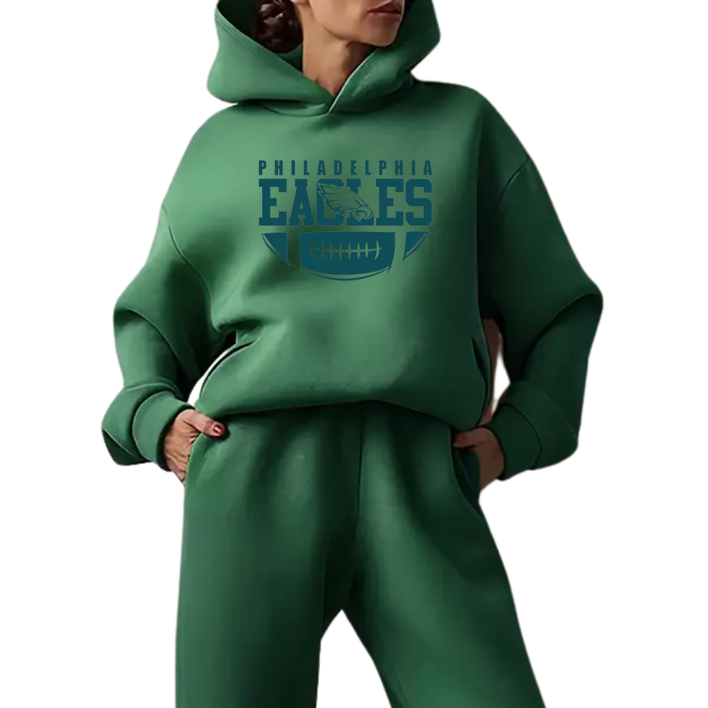 Low shoulder long sleeve hoodie and elastic waist jogging pants suit, women's wear - fitnfan