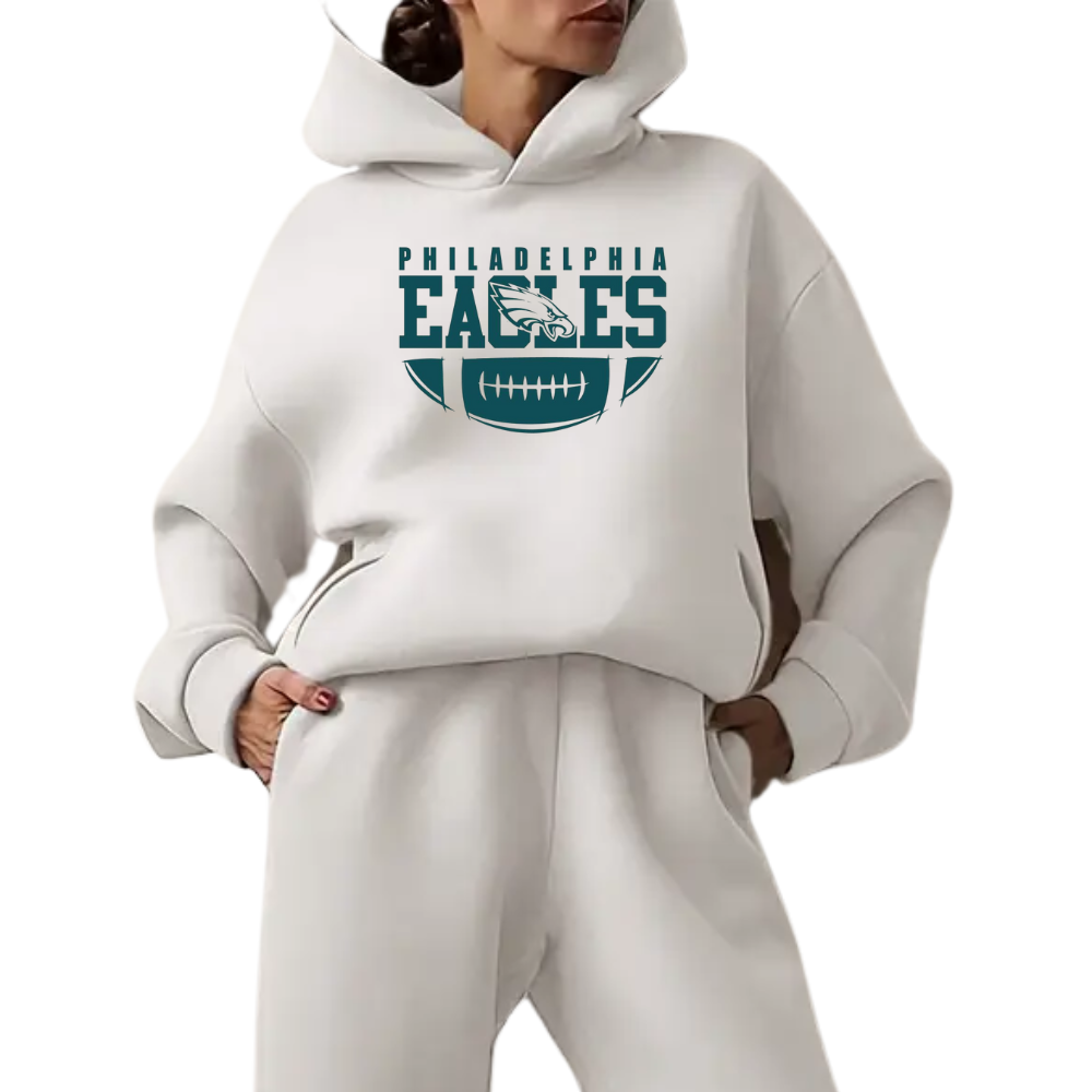 Low shoulder long sleeve hoodie and elastic waist jogging pants suit, women's wear - fitnfan