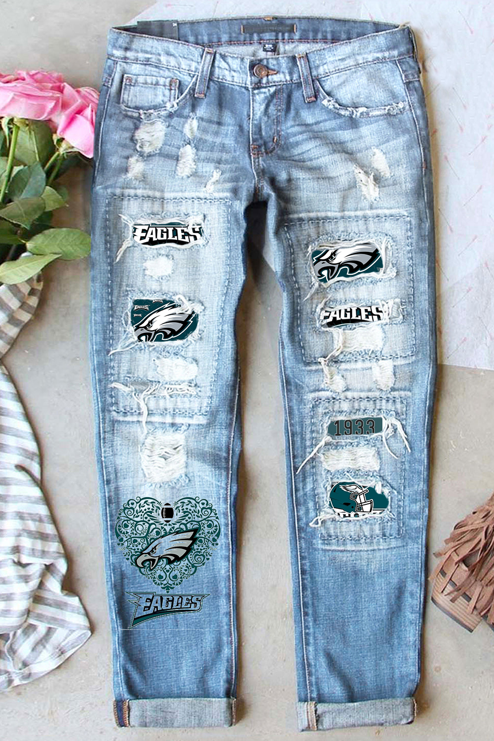 Casual fashion perforated printed jeans - fitnfan