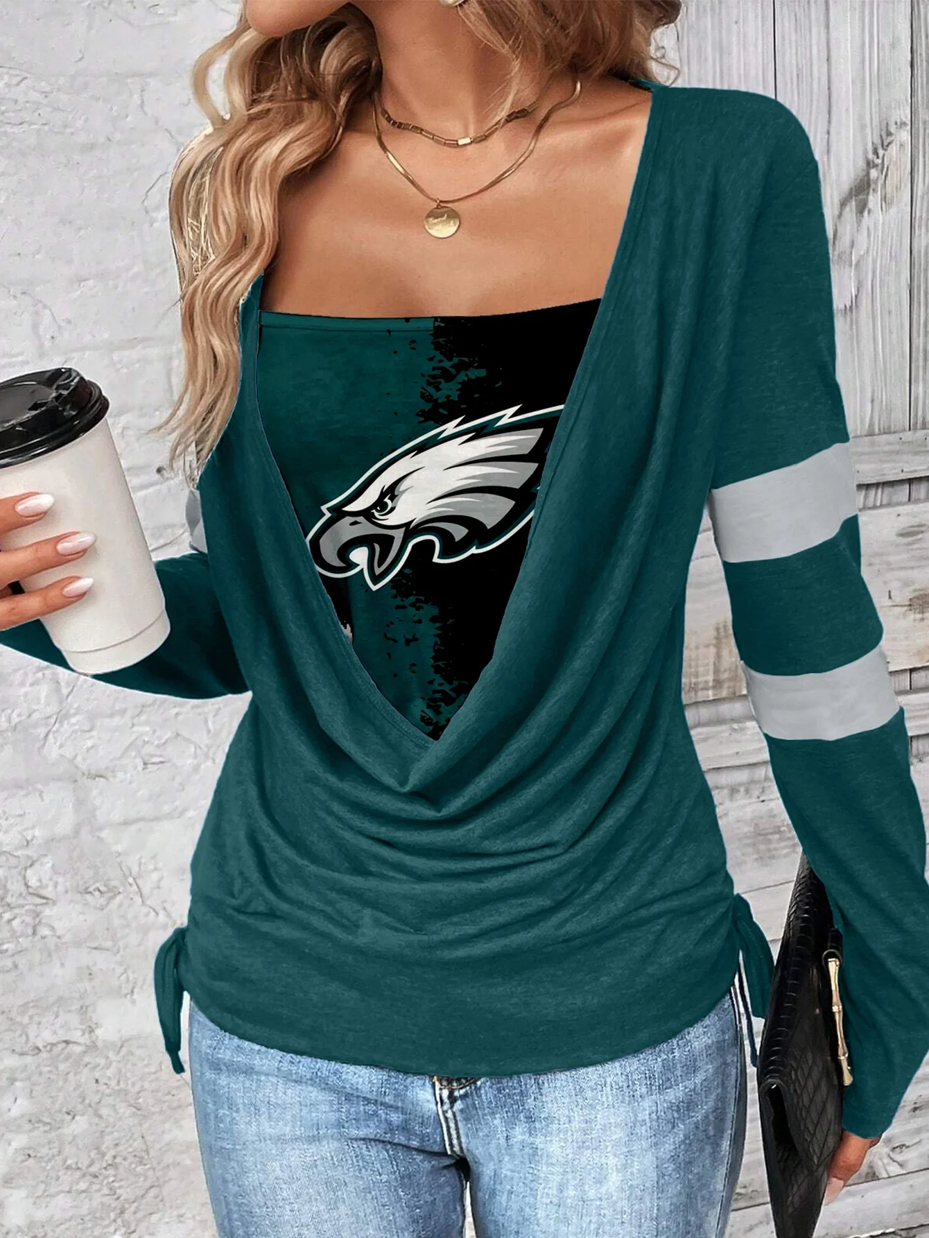 Contrast draped side drawstring T-shirt - fitnfan