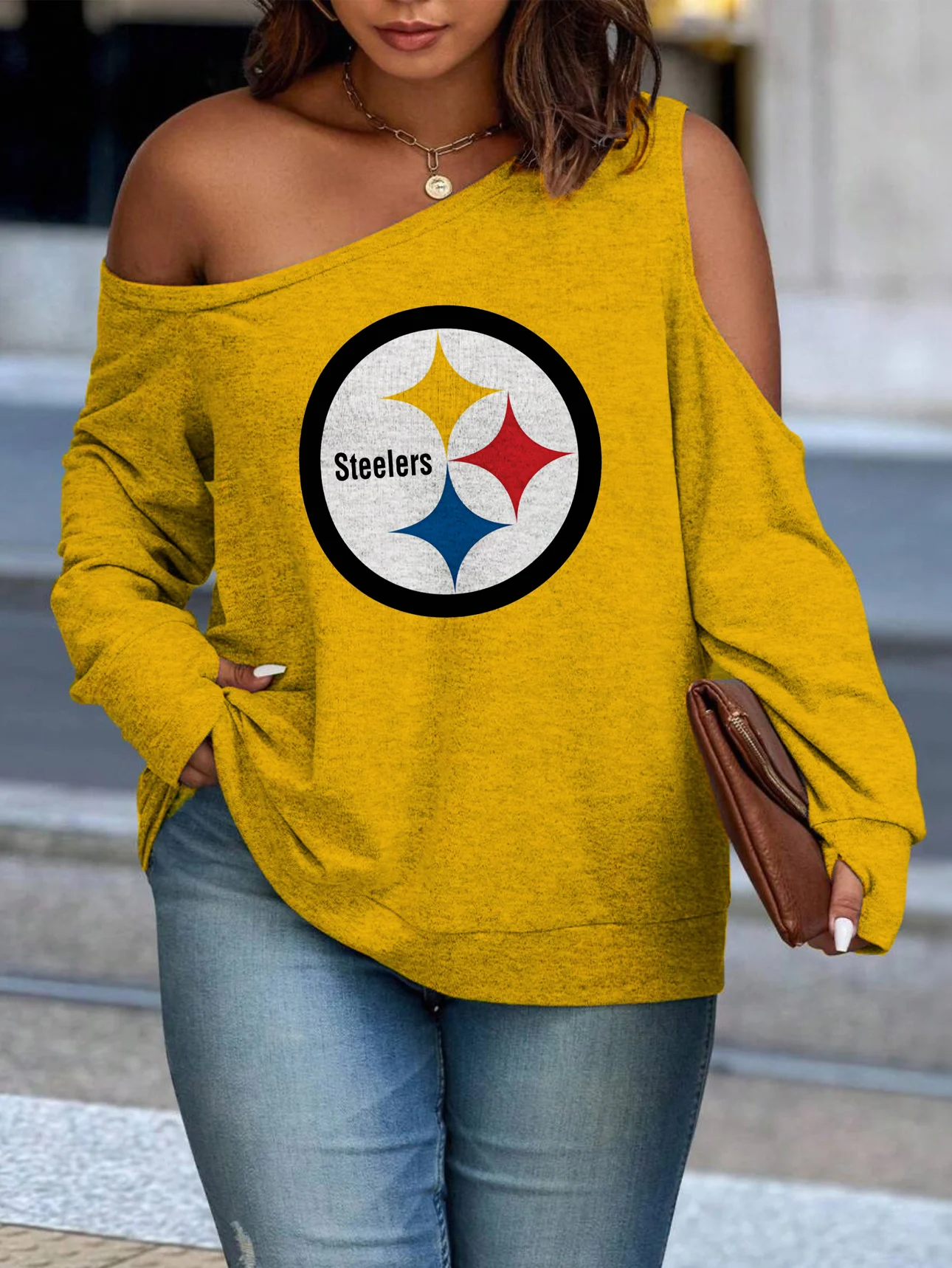 Asymmetric Off-Shoulder Women's Sweatshirt-Pittsburgh Steelers - fitnfan