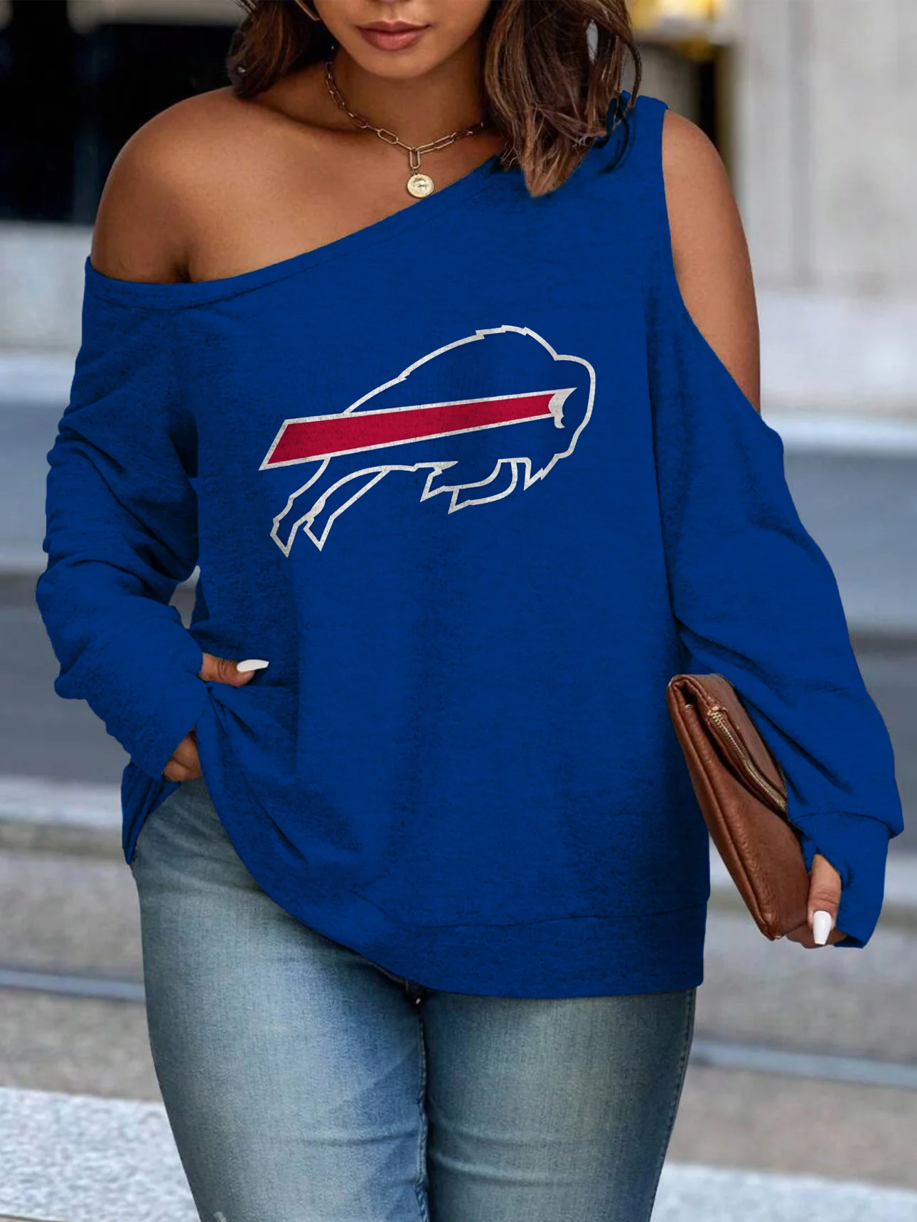 Asymmetric Off-Shoulder Women's Sweatshirt-Buffalo Bills - fitnfan