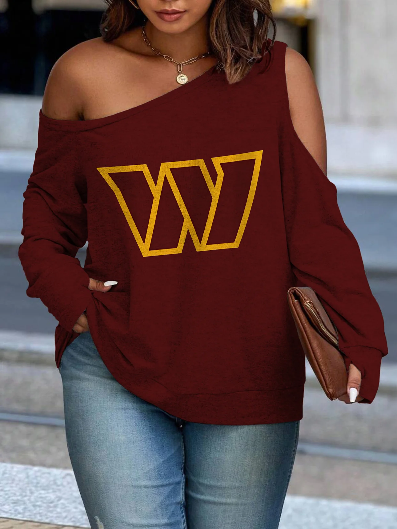 Asymmetric Off-Shoulder Women's Sweatshirt-Washington Commanders - fitnfan