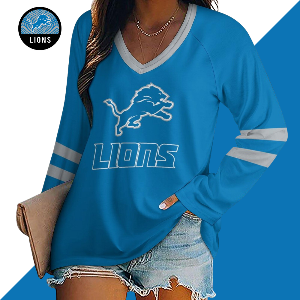 Detroit Lions Women's V-neck Double-layered Long-sleeved Loose T-shirt-Detroit Lions - fitnfan