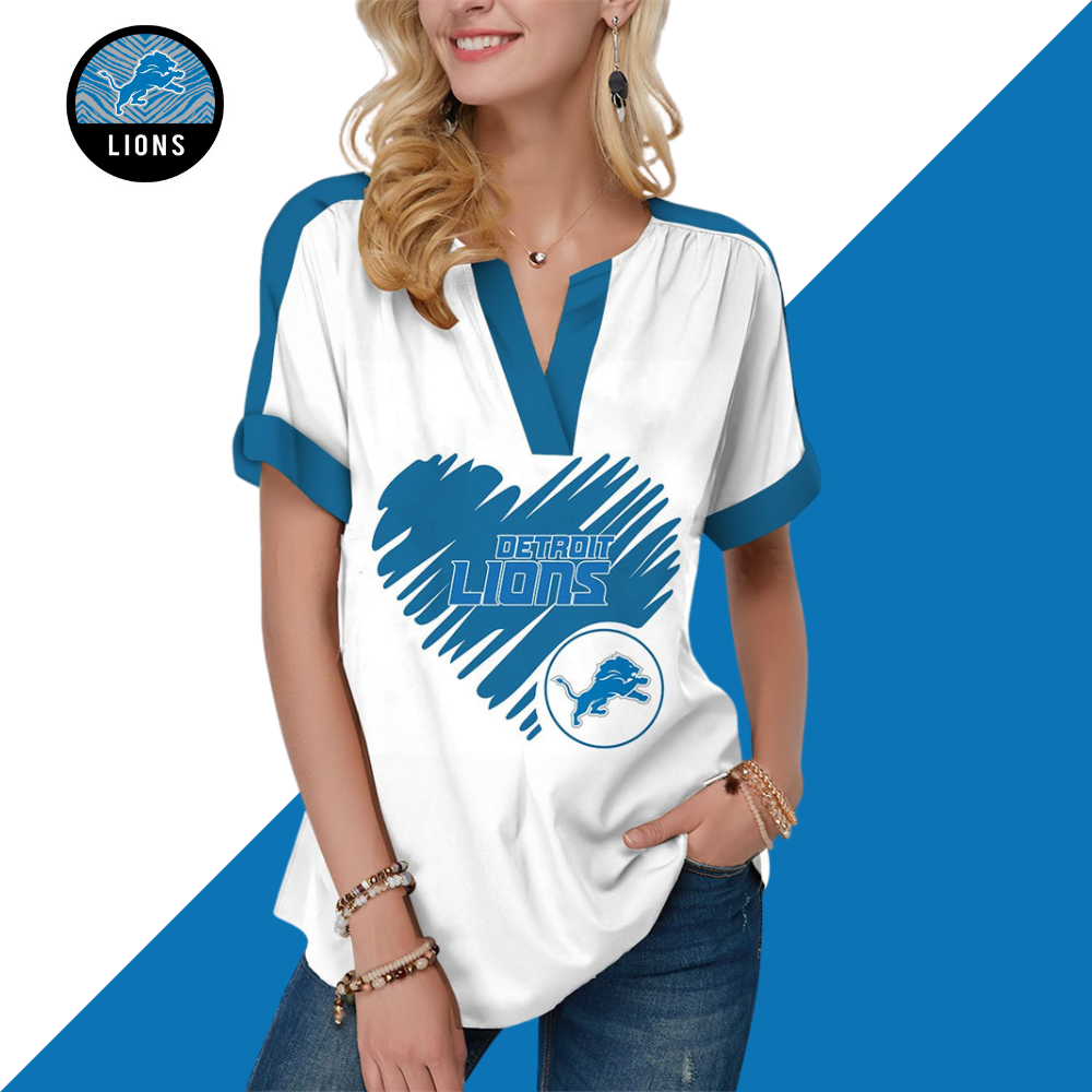 NewFashion Short Sleeve V-Neck Shirt-Detroit Lions - fitnfan