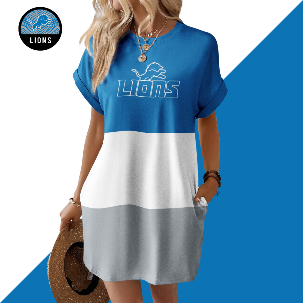Detroit Lions Solid Hidden Pocket Batwing Sleeve Tee Dress-Detroit Lions - fitnfan