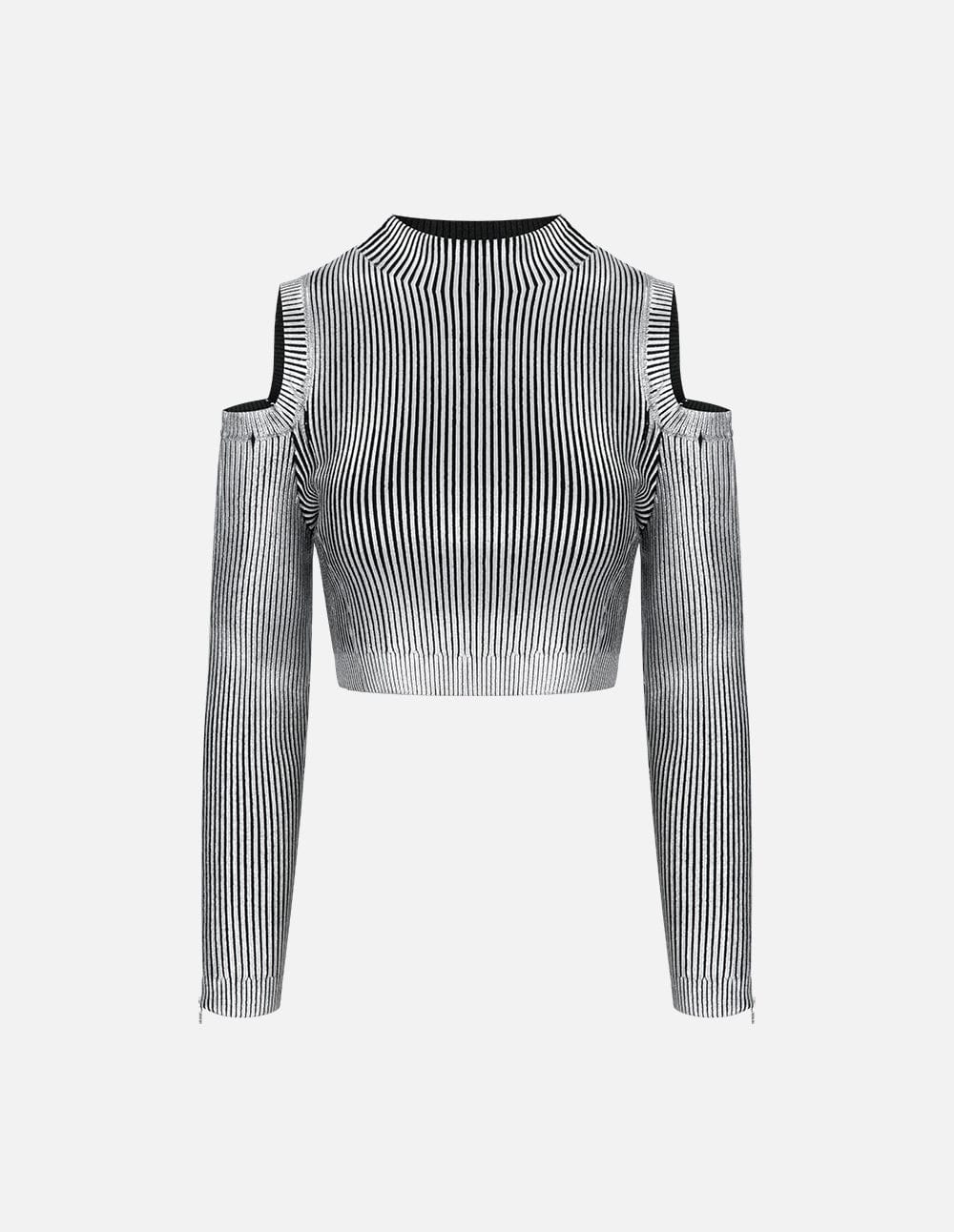 Womens Hot Silver Off-Shoulder Knit Sweater - yuuuj