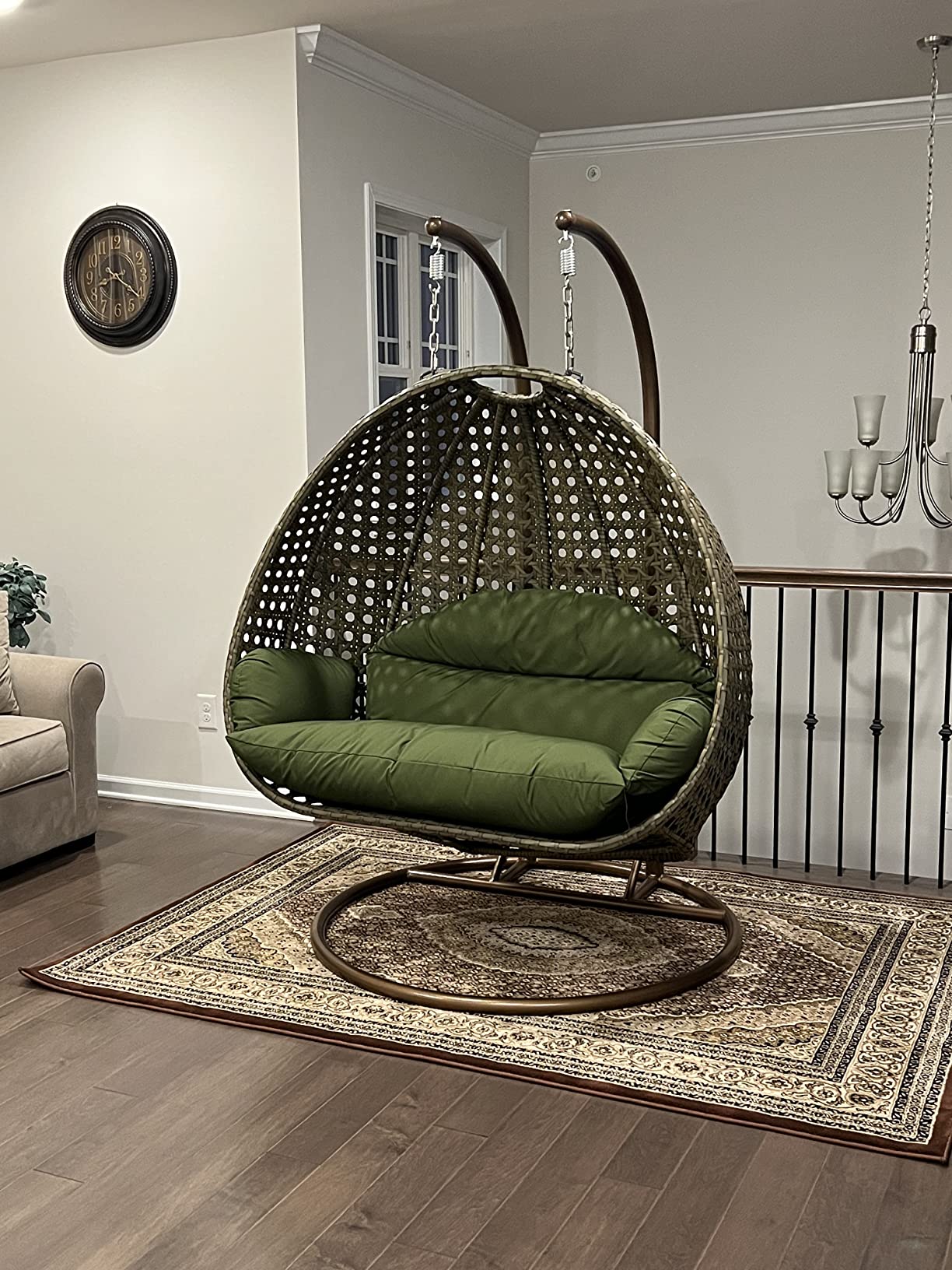 【Furniture】2 Person Hanging Double Swing Chair, X-Large Wicker Rattan Egg Chair with Stand and Cushion