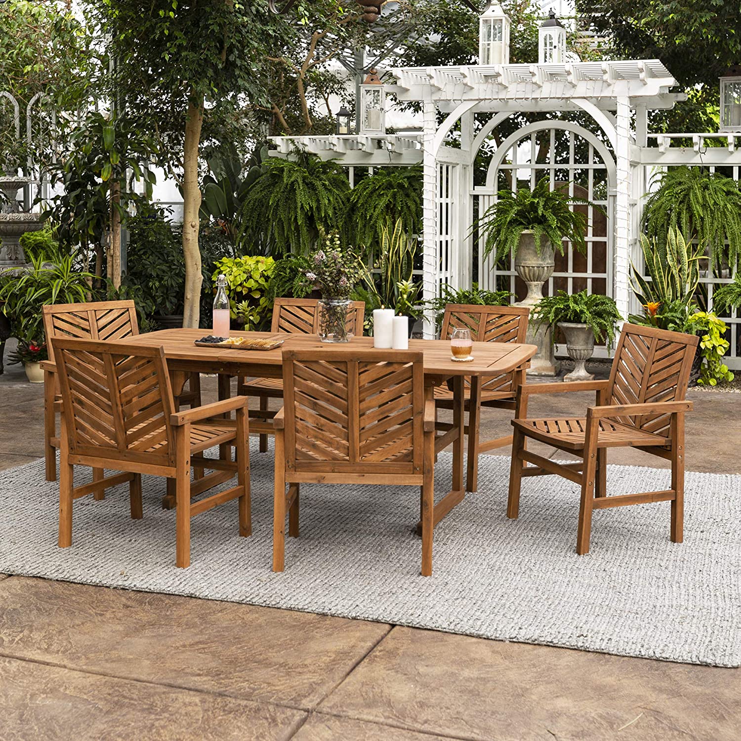 【Furniture】【BS】6 Person Outdoor Wooden V-Shaped Patio Furniture Dining Table Set Extendable Table and Chairs, 7 Pieces