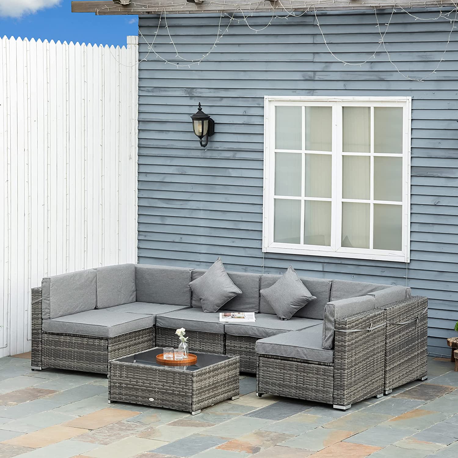 【Furniture】【BS】7 Pcs Outdoor Rattan Furniture Set, Patio Wicker Sectional Conversation Sofa Set, Grey