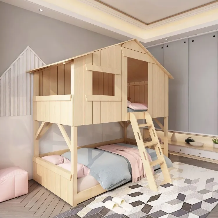 【Furniture】【BS】Cabin Shape Bunk Beds with Attached Stairs & Slide