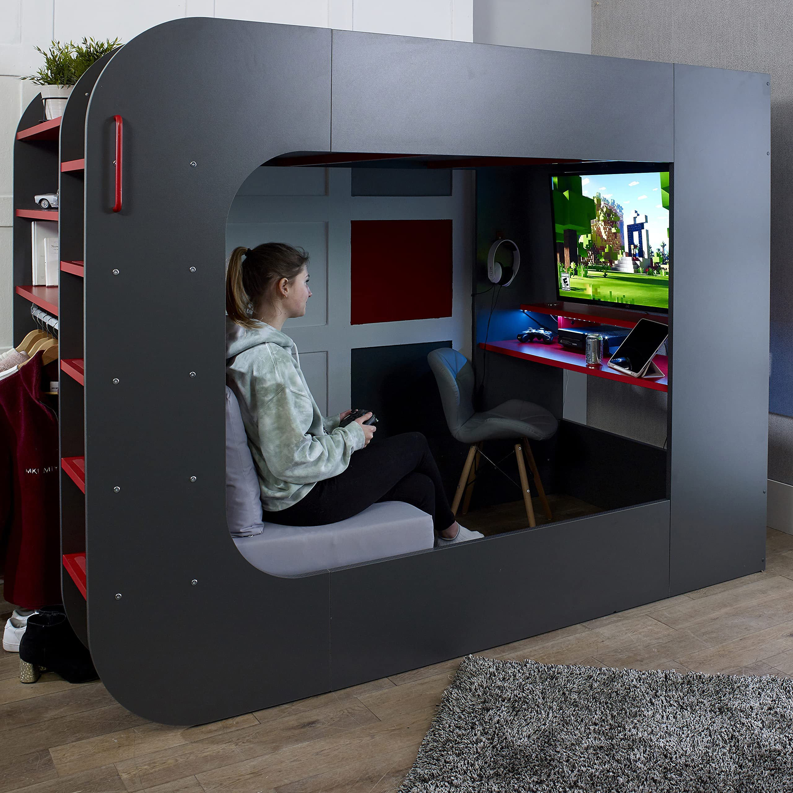 【Furniture】【BS】PodBed High Sleeper Gaming Bed with Sofa Bed, Built-In Desk & Open Wardrobe