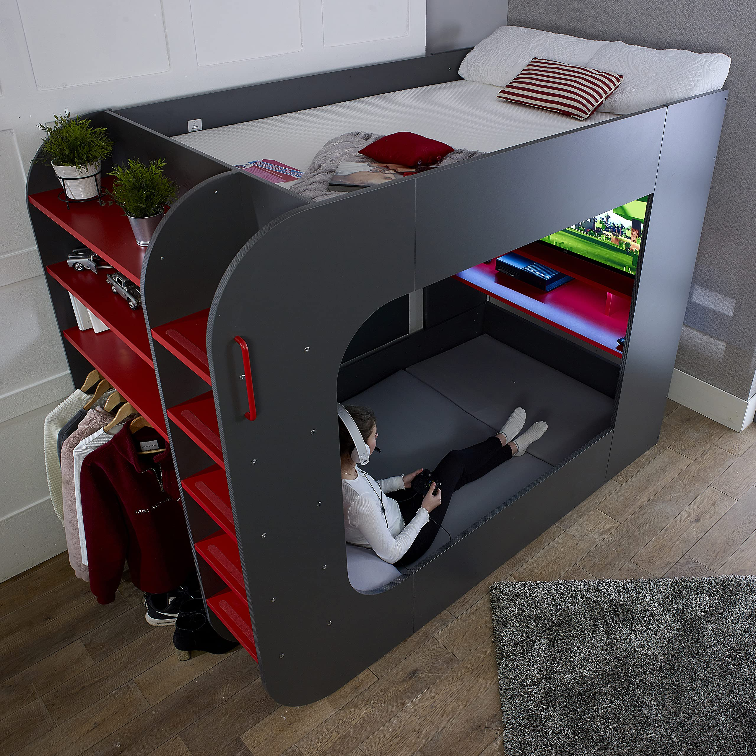 【Furniture】【BS】PodBed High Sleeper Gaming Bed with Sofa Bed, Built-In Desk & Open Wardrobe