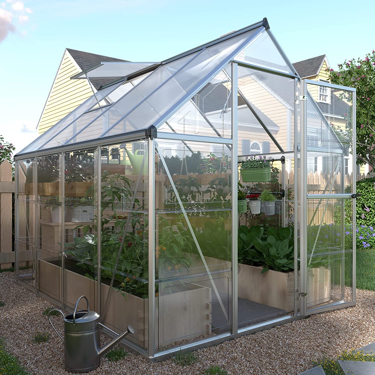 【Home&Garden】6x8 FT Hybrid Polycarbonate Greenhouse 2 Vent Window with Lockable Hinged Door