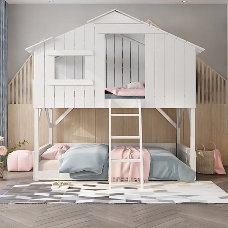 【Furniture】【BS】Cabin Shape Bunk Beds with Attached Stairs & Slide