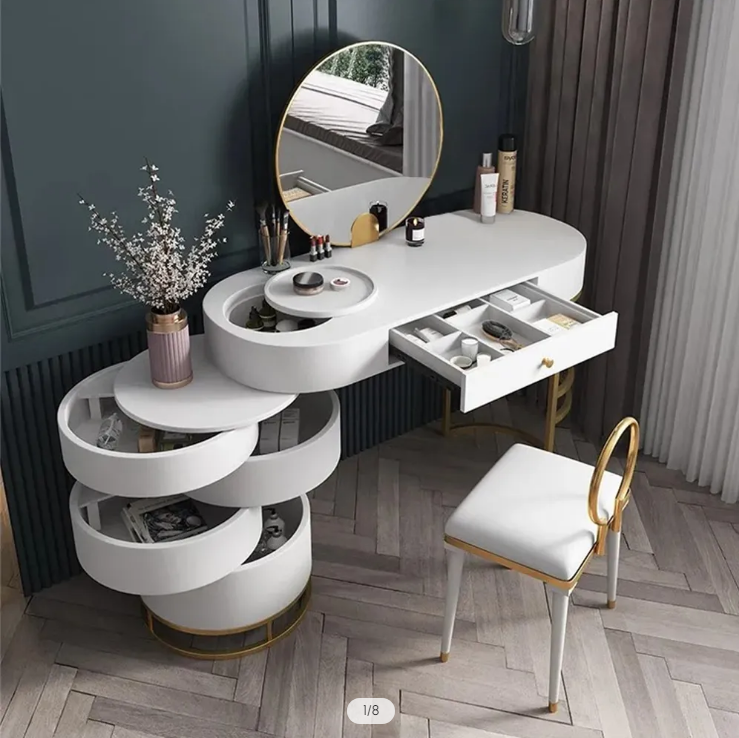 Dresser with swivel cabinet mirror and stool