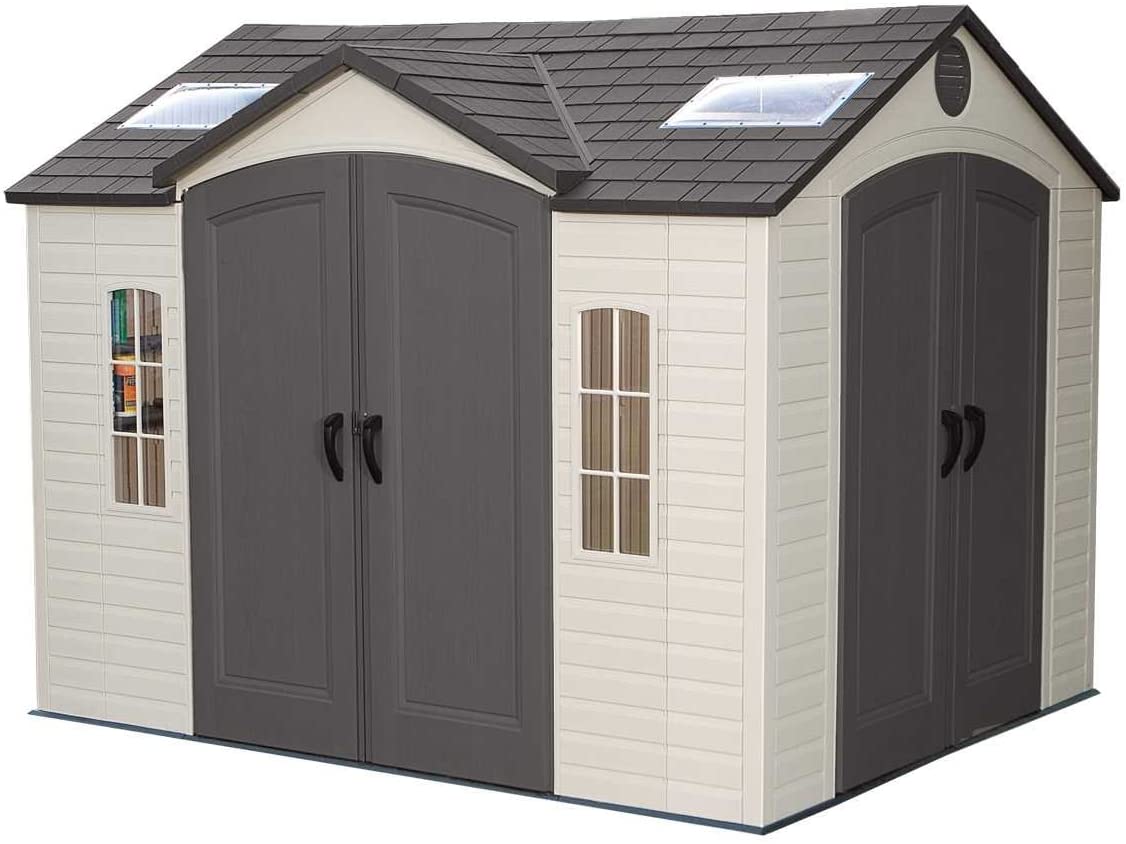 【Storage Shed】10'x8' Resin Outdoor Storage Shed with Shutters, Windows & Skylights for Garden Patio