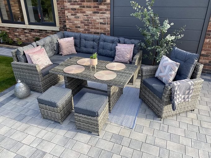 【Furniture】【BS】Sorrento Grey Rattan Outdoor Garden Dining Set 8 Seat - Right Side Facing