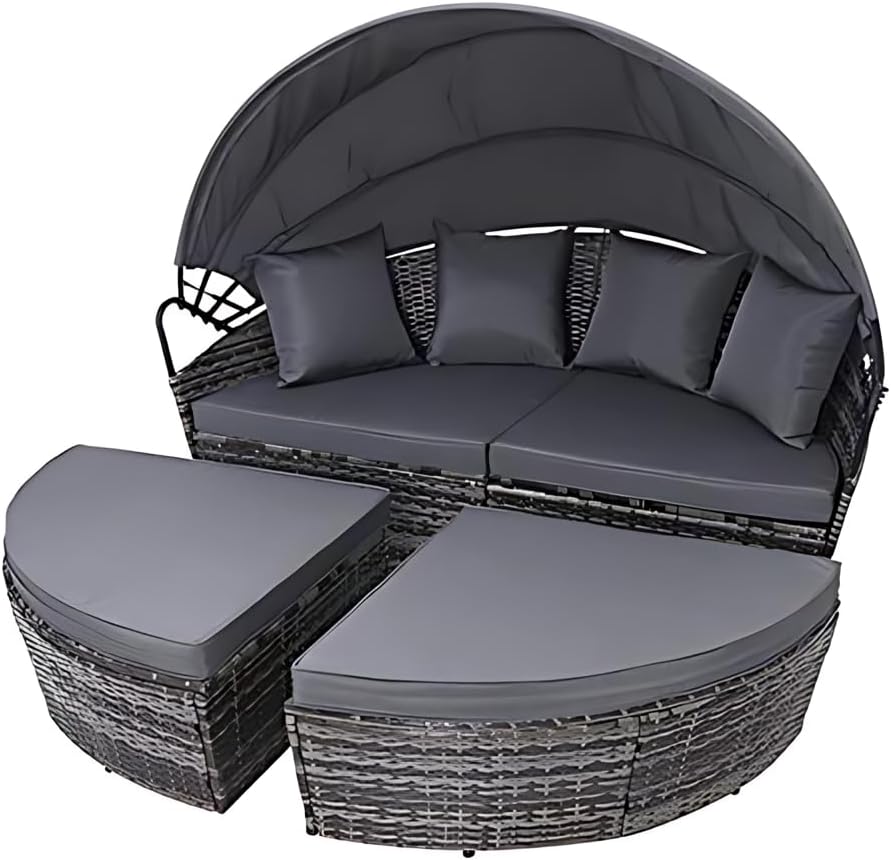 EVRE Bali Mixed Grey 3 Piece Modular Round Rattan Wicker Patio Garden Furniture Daybed Sun Lounger Set with Extendable Canopy and Conversation Seat Cushions