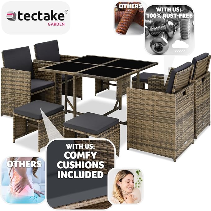 TecTake® Polyrattan Garden Furniture Set with Aluminium Base, Including 4 Dining Chairs, 1 Table, 4 Stools, Foldable Garden Lounge Set, For Up To 8 People, Patio Furniture - grey