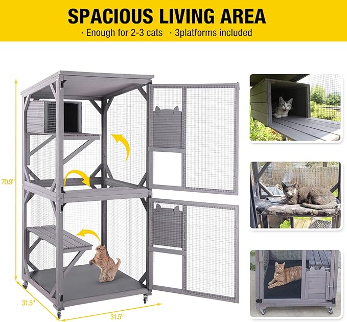 Aivituvin Cat Cage Wooden Indoor Outdoor Cat House Large Enclosure with Run on Wheels 70.9