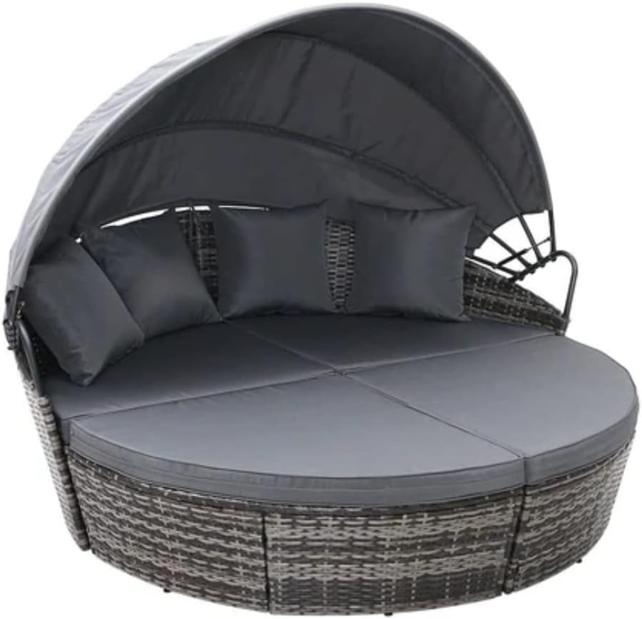 EVRE Bali Mixed Grey 3 Piece Modular Round Rattan Wicker Patio Garden Furniture Daybed Sun Lounger Set with Extendable Canopy and Conversation Seat Cushions