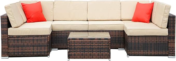bigzzia 6 Seats Garden Furniture Set, Patio Rattan Dining Table Set Wicker Weave Corner Sofa Seat Glass Coffee Table Conversation Set With Cushions and Pillows For Lawn Backyard Poolside