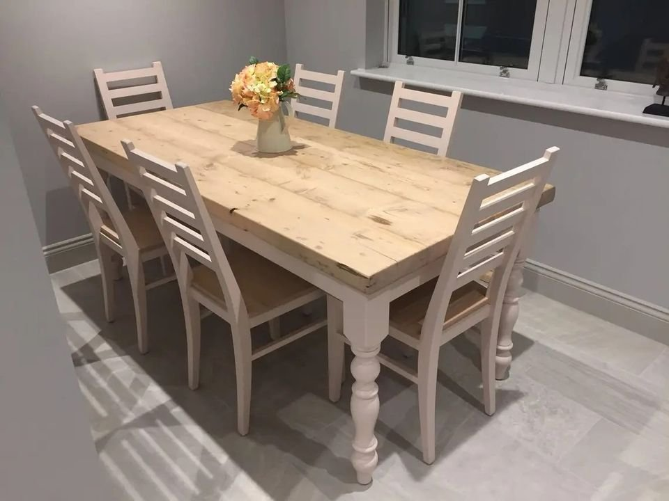 Farmhouse dining table with reclaimed wood top and 6 chairs