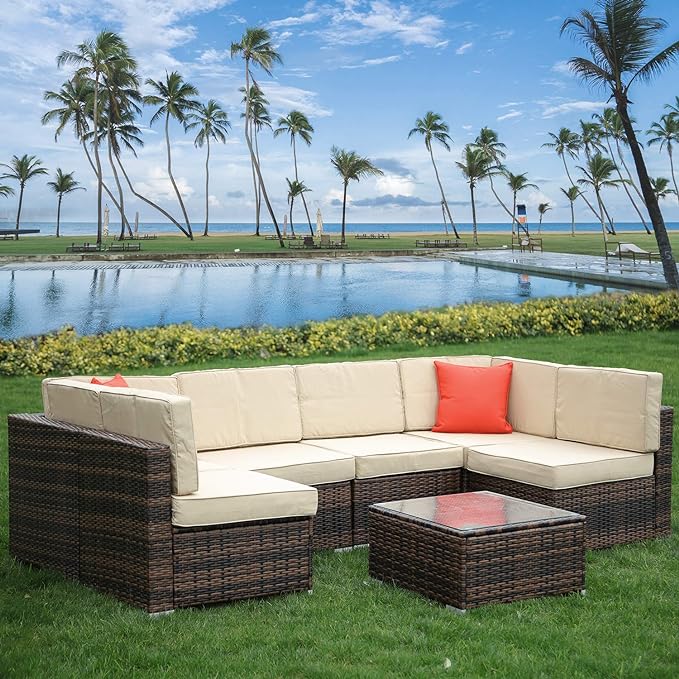 bigzzia 6 Seats Garden Furniture Set, Patio Rattan Dining Table Set Wicker Weave Corner Sofa Seat Glass Coffee Table Conversation Set With Cushions and Pillows For Lawn Backyard Poolside