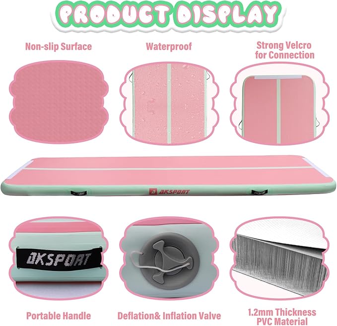 AKSPORT Air Mat Roller Track 10ft 13ft 16ft 20ft Inflatable Gymnastics Mat with Air Pump for