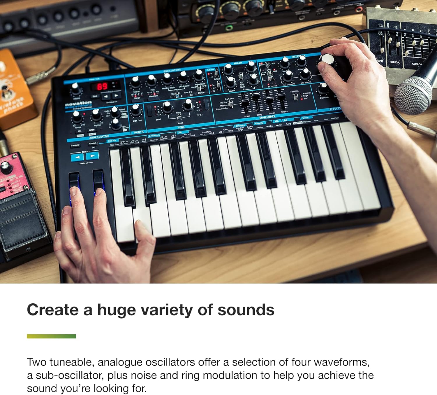 Novation Bass Station II Analog Single Synth – Includes 64 factory patches, pattern-based sequencer and emulator, two oscillators and an additional sub-oscillator