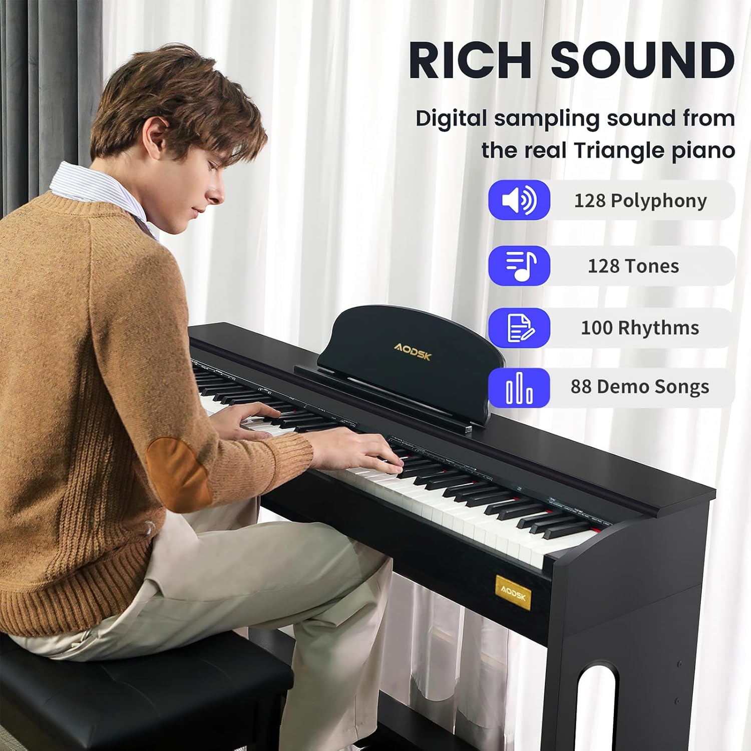 AODSK 88-key weighted hammer action Digital piano with speakers, furniture stand and triple pedal, beginner lessons - with headphones, piano lessons,B-83S