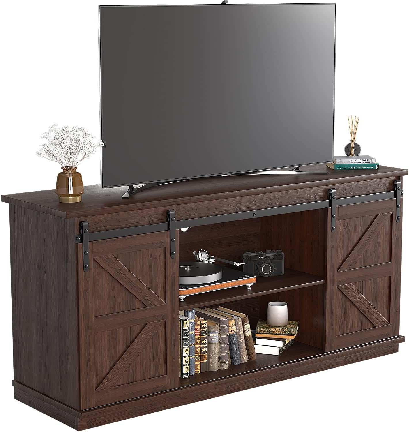 JUMMICO TV Stand for 65 Inch TV, Entertainment Center with Storage Cabinets and Sliding Barn Doors, Mid Century Modern Media TV Console Table for Living Room Bedroom
