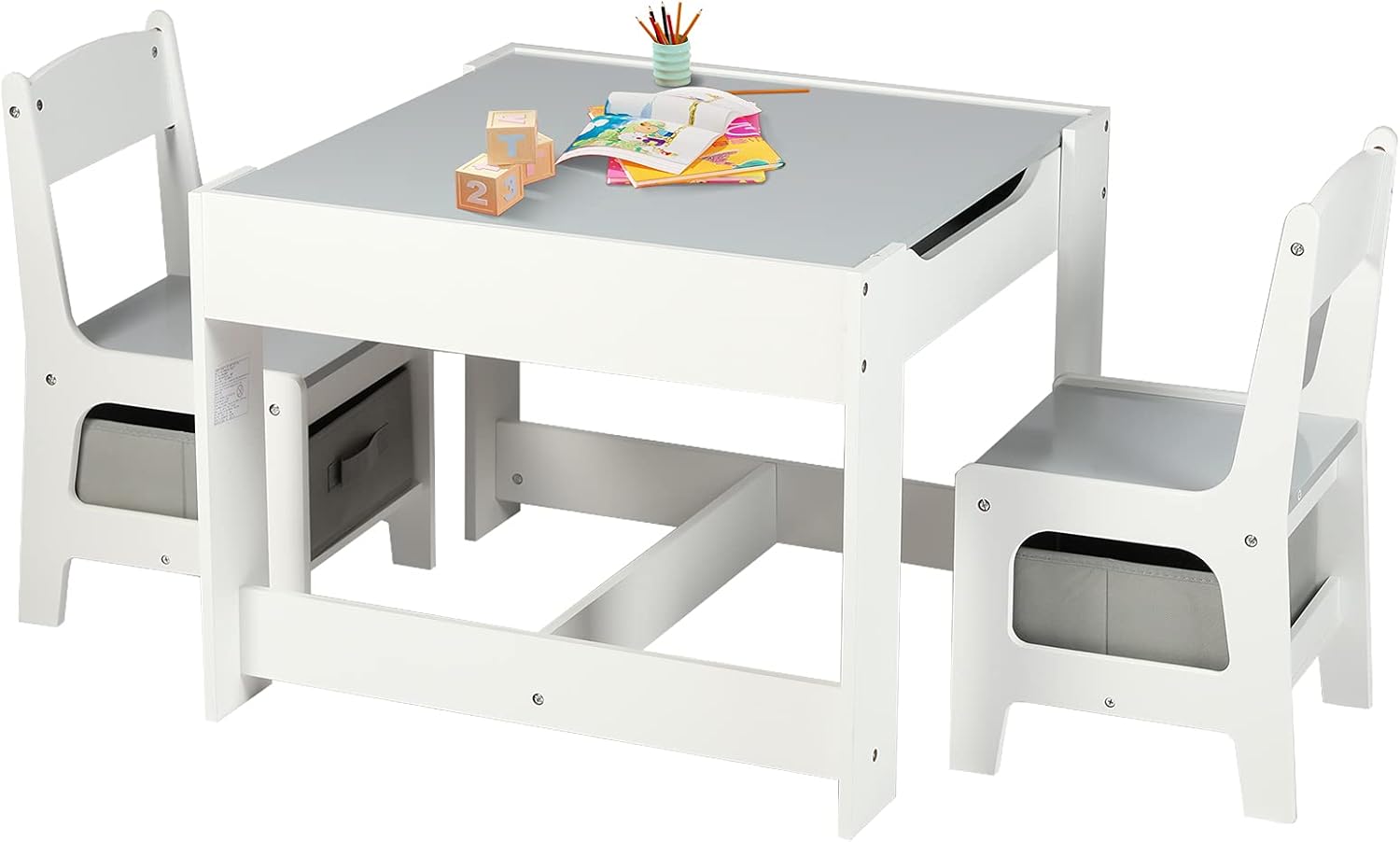 Kinder King Kids Wood Table & 2 Chairs Set, 3 in 1 Children Activity Table w/Storage, Removable Tabletop, Blackboard, 3-Piece Toddler Furniture Set for Art