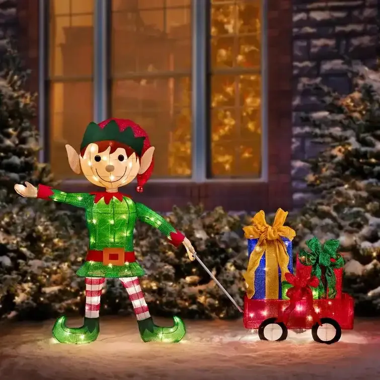 2 Piece Elf Pulling Wagon Lighted Display Set