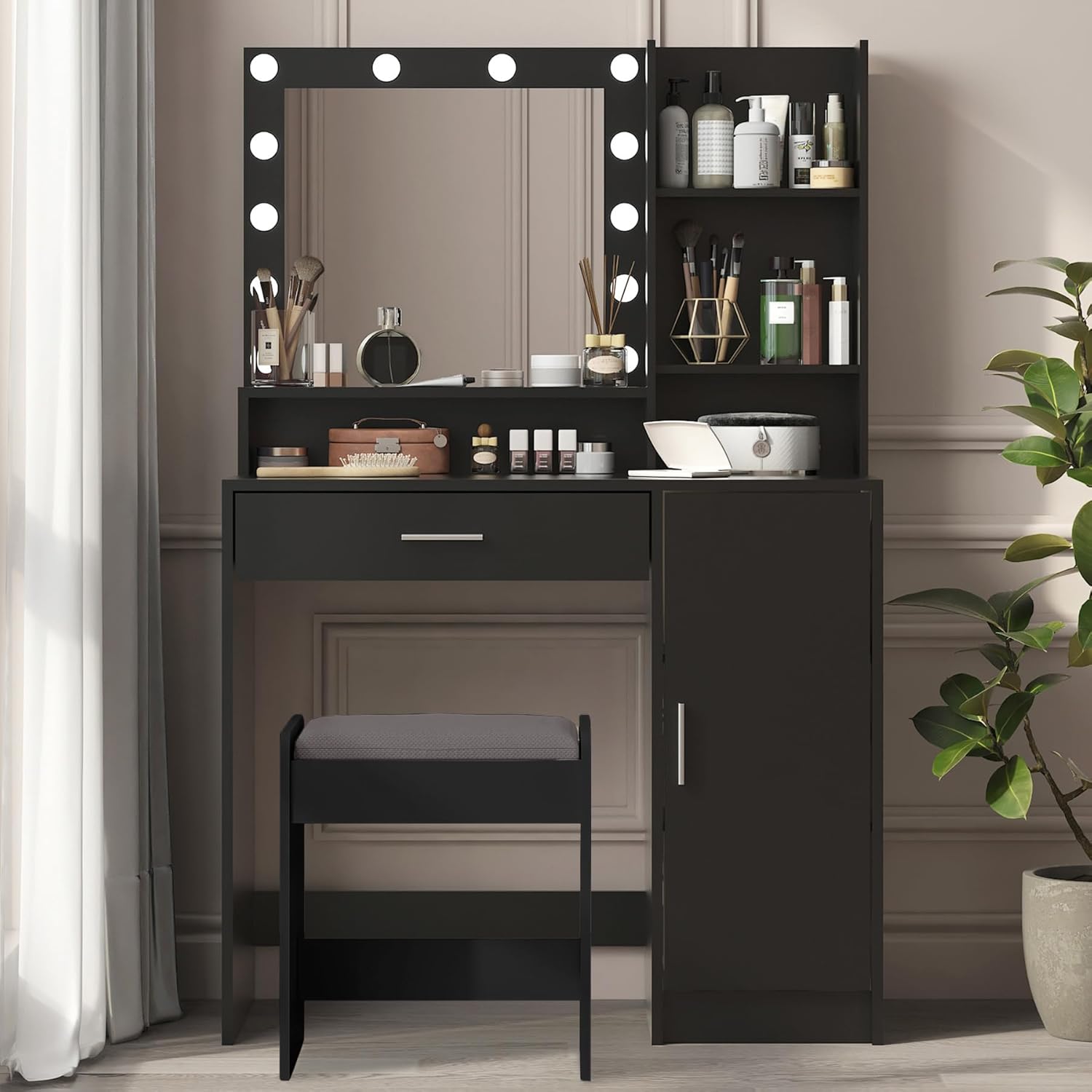 Vanity Desk with Mirror & Light, Large Drawer Three Level Storage Dresser, 3 Lighting Modes Adjustable Brightness, Bedroom Dressing Table (White Stool)
