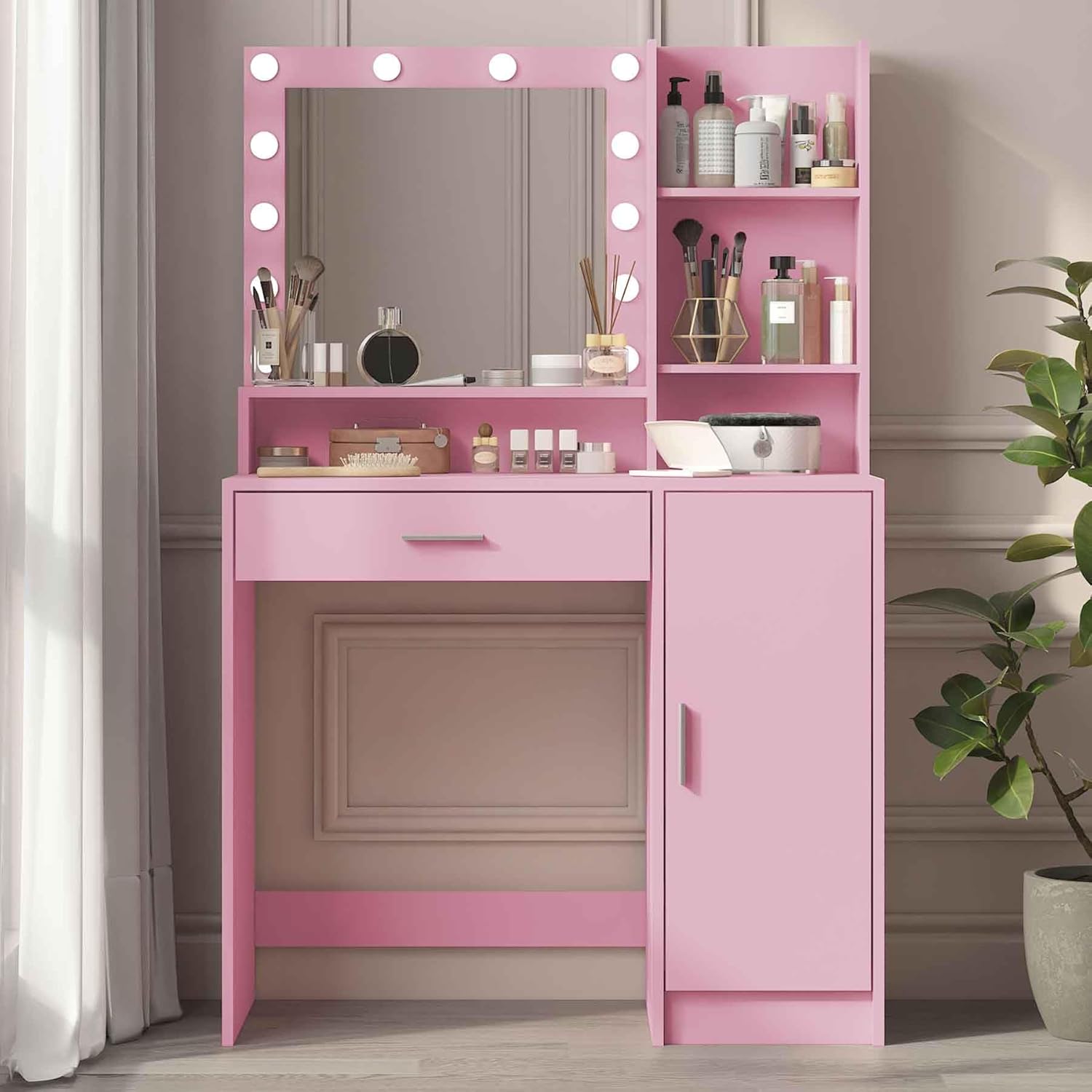 Vanity Desk with Mirror & Light, Large Drawer Three Level Storage Dresser, 3 Lighting Modes Adjustable Brightness, Bedroom Dressing Table (White Stool)