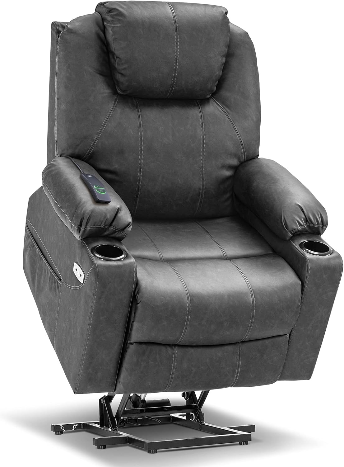 MCombo Large Power Lift Recliner Chair with Massage and Heat for Tall Elderly People, 3 Positions, Cup Holders, and USB Ports, Faux Leather 7516 (Grey, Large)