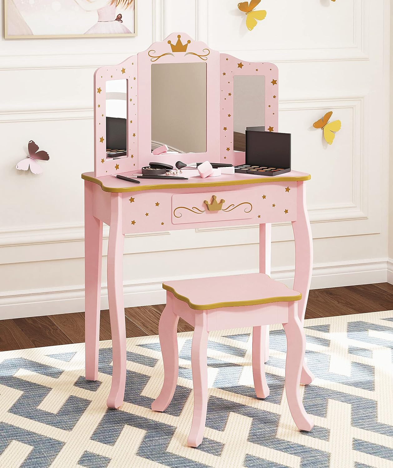 UTEX Pretend Play Kids Vanity Set with Mirror and Stool, Kids Make Up Vanity Desk with Mirrror for Little Girls, Children Makeup Dressing Table with Drawer