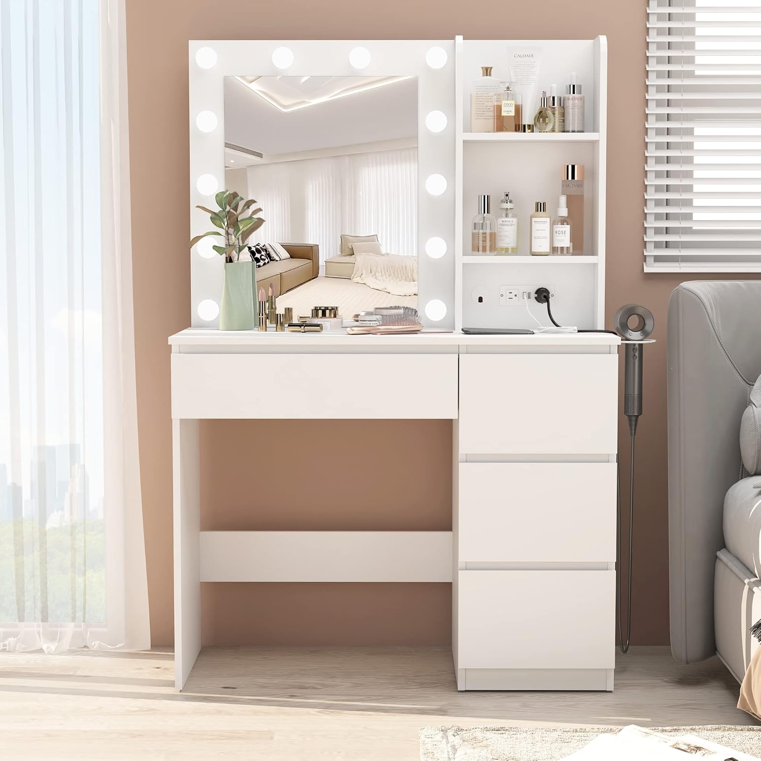 Vabches Makeup Vanity with Lights, 37inch Vanity Desk with Power Strip, 4 Drawers Makeup Table with Lighted Mirror, 3 Lighting Colors