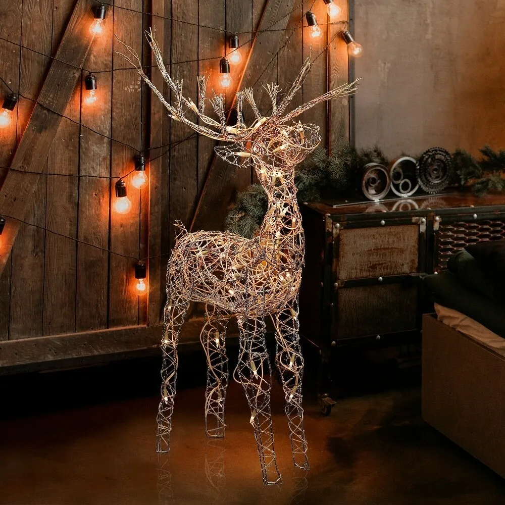 Standing Rattan Reindeer Decoration with White Halogen Lights