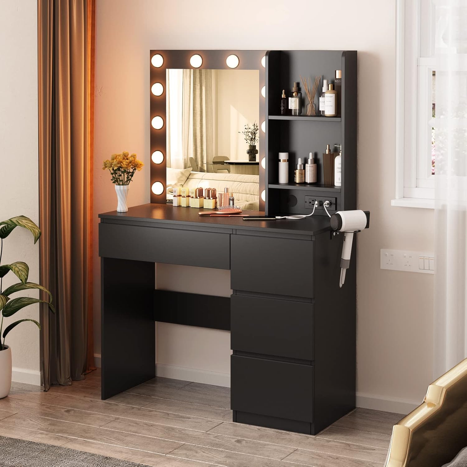 Vabches Makeup Vanity with Lights, 37inch Vanity Desk with Power Strip, 4 Drawers Makeup Table with Lighted Mirror, 3 Lighting Colors
