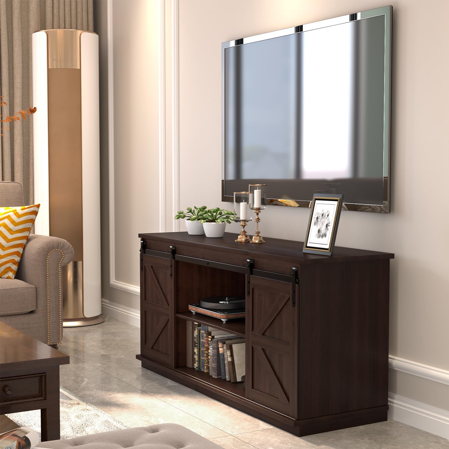 JUMMICO TV Stand for 65 Inch TV, Entertainment Center with Storage Cabinets and Sliding Barn Doors, Mid Century Modern Media TV Console Table for Living Room Bedroom