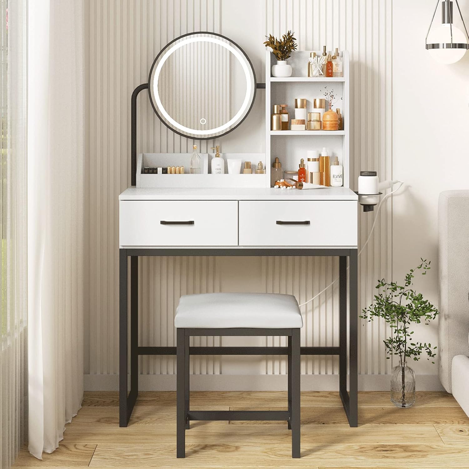 Makeup Vanity Desk with Round Mirror and Lights, Vanity Makeup Table with Hair Dryer Rack, Small Vanity Table for Bedroom with Lots Storage