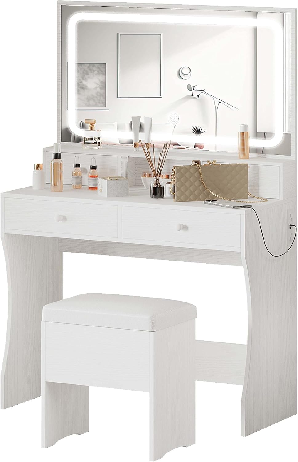 IRONCK Vanity Desk with LED Lighted Mirror & Power Outlet, Makeup Vanities Table with 4 Drawers,Storage Bench,for Bedroom