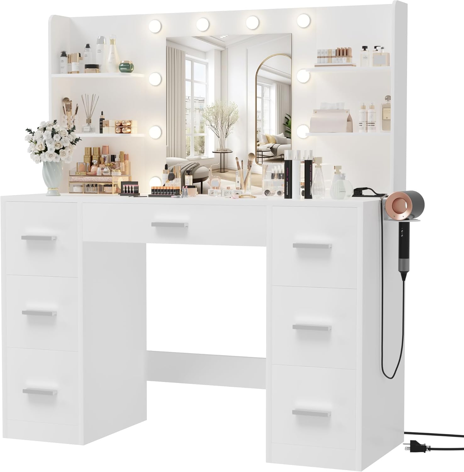 Furmax Vanity Desk with Mirror, LED Lights and Power Outlet Makeup Vanity Table with 7 Drawers and 6 Storage Shelves Dressing Table for Bedroom Dressing Room