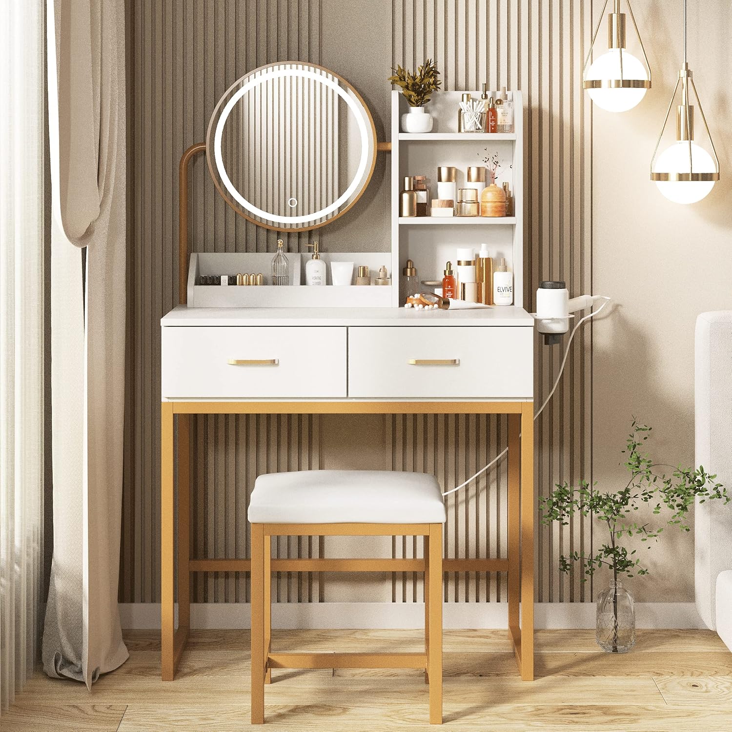 Makeup Vanity Desk with Round Mirror and Lights, Vanity Makeup Table with Hair Dryer Rack, Small Vanity Table for Bedroom with Lots Storage