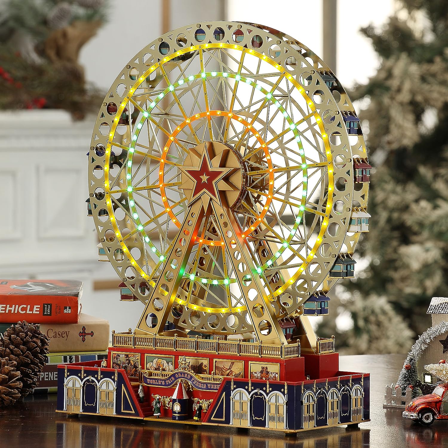 Mr. Christmas World's Fair Grand Ferris Wheel Musical Animated Indoor Christmas Decoration, 15 Inch, Gold