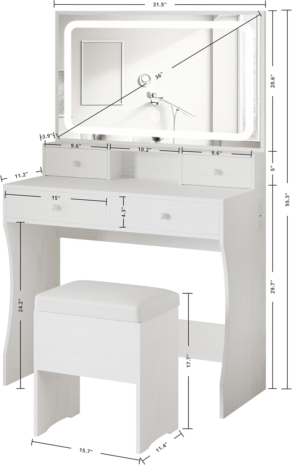 IRONCK Vanity Desk with LED Lighted Mirror & Power Outlet, Makeup Vanities Table with 4 Drawers,Storage Bench,for Bedroom